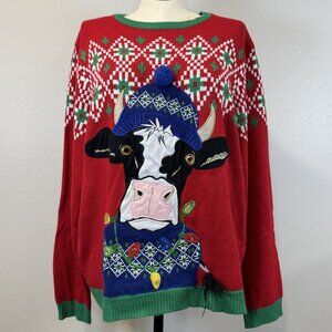 Festive Cow Holiday Christmas Sweater Size 2XL Red Blue Ugly Xmas Knit Pullover